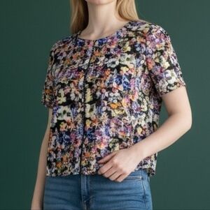 3/$30 BCNU Fairycore Floral Check Chiffon Cropped Short Sleeve Blouse